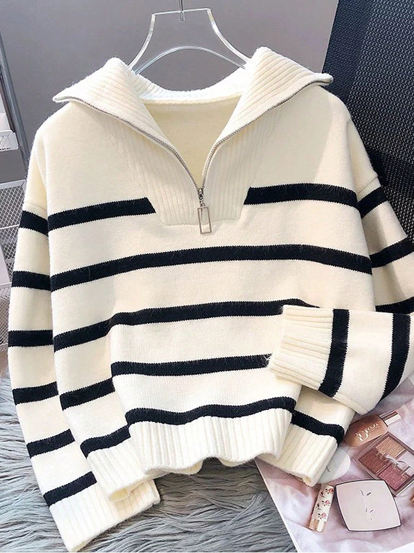 New Autumn/Winter Women Striped Crew Neck All-Match Sweater, Fashionable & Simple Pullover Design,Long Sleeve Tops