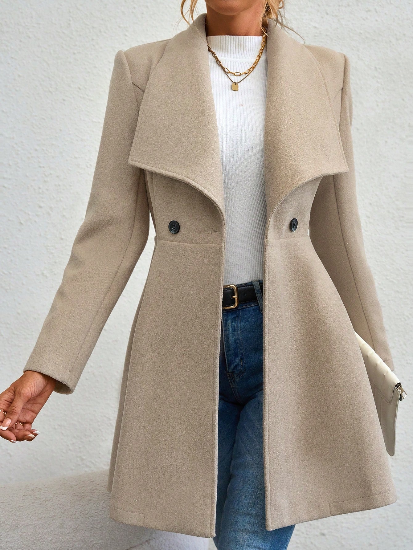 Flirla Waterfall Collar Double Button Overcoat