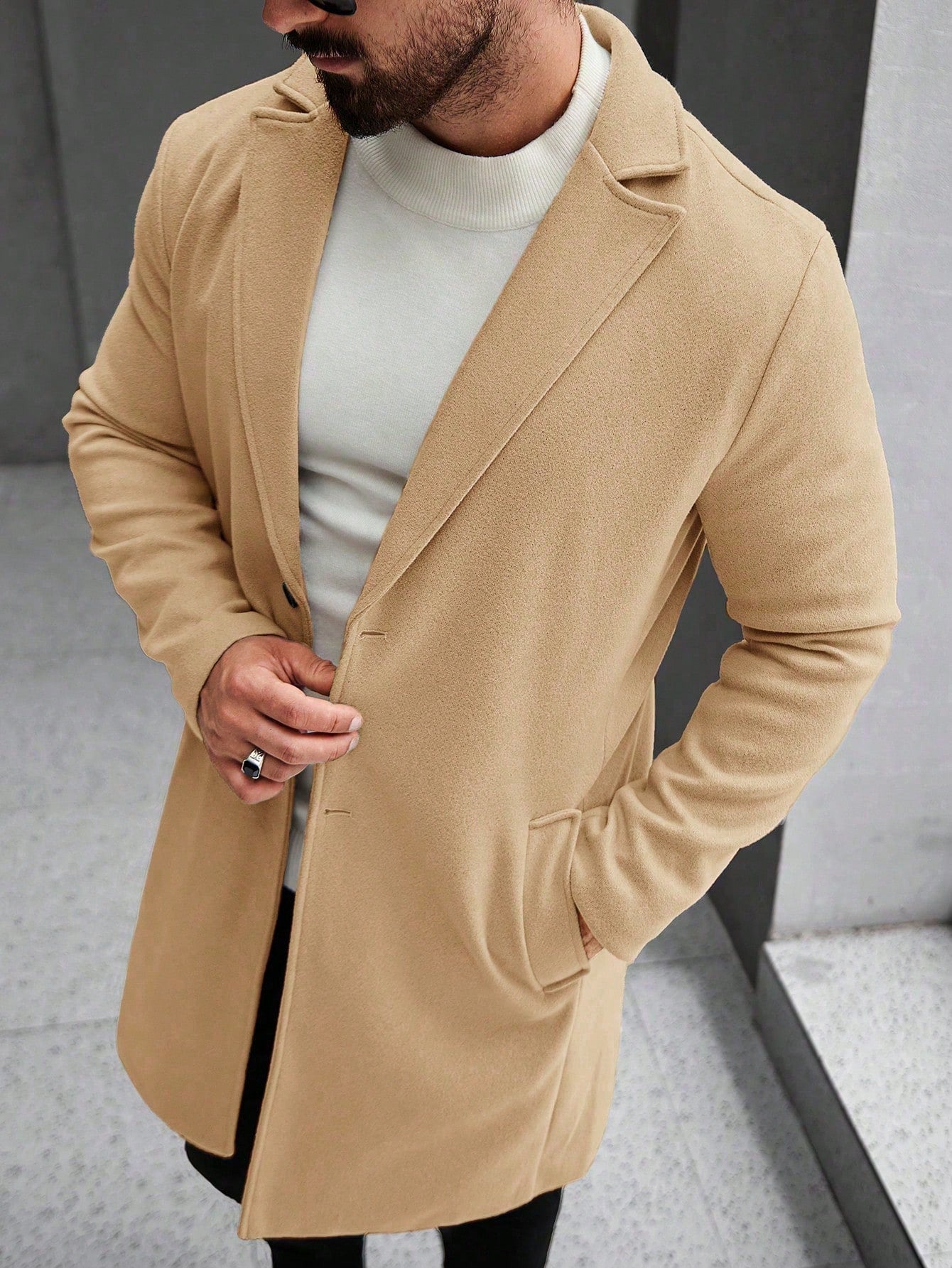 Manfinity Mode Men'S Solid Color Pocket & Button Front Long Sleeve Overcoat, Autumn Fall Clothes, Winter